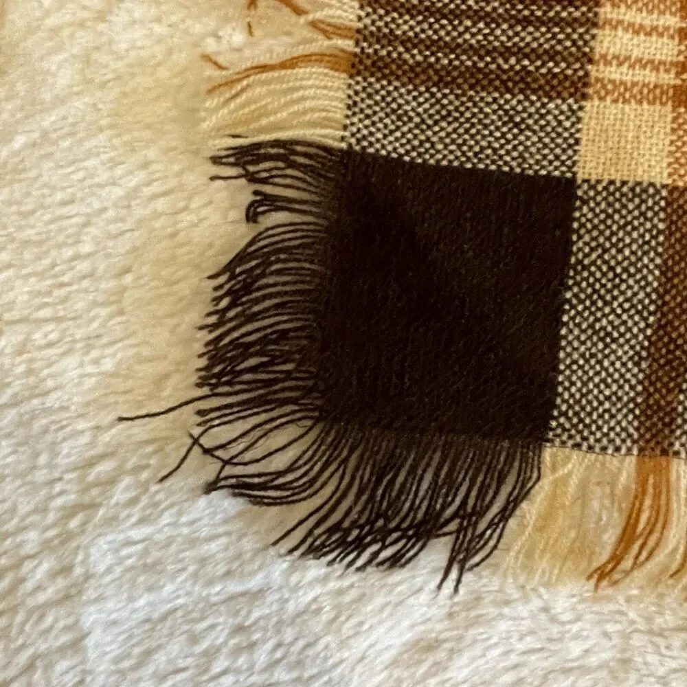 Vtg Acrylic Throw Blanket Thin Fringed Brown Orange Cream Tan Fringed 44x45